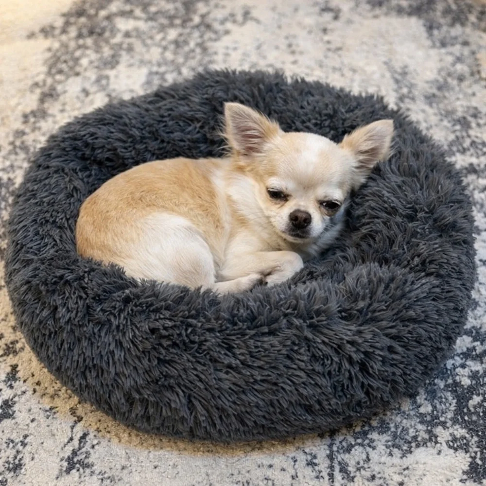 Fluffy Donut Shaped Pet Dog Cat Bed Plush Soft Warm Calming Sleeping Bed 20 inch